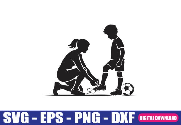 Mother Tying Son Soccer Shoes Silhouette Graphics for Crafts