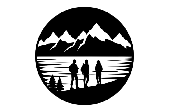 Silhouettes of Hikers by Lake with Snow